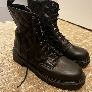 Black faux leather combat boot